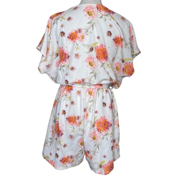 Cosmic Beauty Floral V-Neck Belted Elastic Waist Butterfly Sleeve Romper L-XL - Picture 3 of 9
